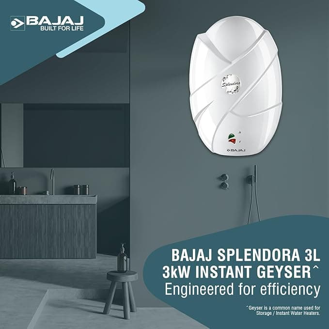 Bajaj Splendora 3L 3kW Vertical Instant Water Heater For Home|Instant Water Geyser For Bathroom & Kitchen|High Grade SS Tank|Copper Heating Element|1-Yr Product 2-Yr Element 5-Yr Tank Warranty