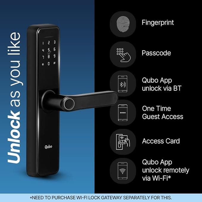 QUBO Smart Door Lock Essential from Hero Group | 6-Way Unlocking | Fingerprint | Remote Unlocking via OTP | PIN | RFID Access Card | Mobile App | Mechanical Key | 1 Year On-Site Warranty