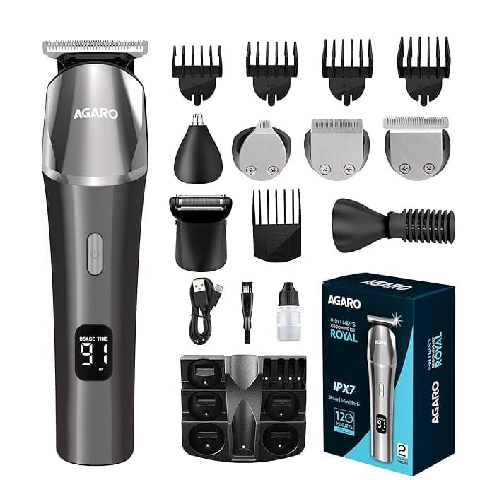 AGARO Royal Multi Grooming Kit For Men, 9in1, Shave| Trim | Style, Face Head Body Trimmer, Self Sharpening Stainless Steel Blade, 5 Combs, Metal Body, Type C Fast Charging, 120 Min Usage, IPX7, Silver