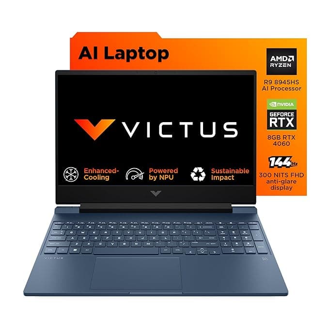 HP Victus Gaming AI Laptop, AMD Ryzen 9 8945HS, 8GB NVIDIA RTX 4060, Upgradable 16GB DDR5,1TB SSD,(Win11, Office24),300nits, IPS, Flicker-Free,15.6-inch(39.6cm),Backlit KB,Enhanced Cooling, fb3025AX