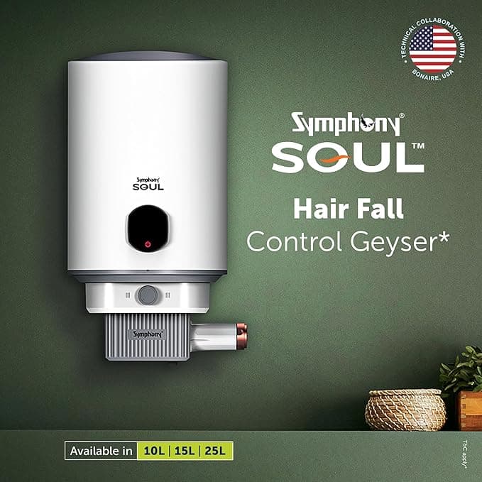 Symphony Soul Geyser 15L | Hair Fall Control Geyser | Vertical Geyer | PUROPOD Filtration | Free Installation | Free Pipe | Free Extra Cartridge | 5-Star BEE Energy Water Heater | 2 Year Warranty