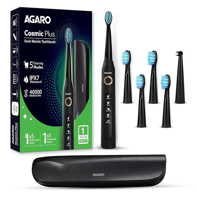 AGARO COSMIC PLUS Sonic Electric Tooth Brush For Adults With 5 Modes, 5 Brush Heads, 1 Interdental Head, Carry Case & Rechargeable With 4 Hours Charge Lasting Up To 25 Days, Power Toothbrush